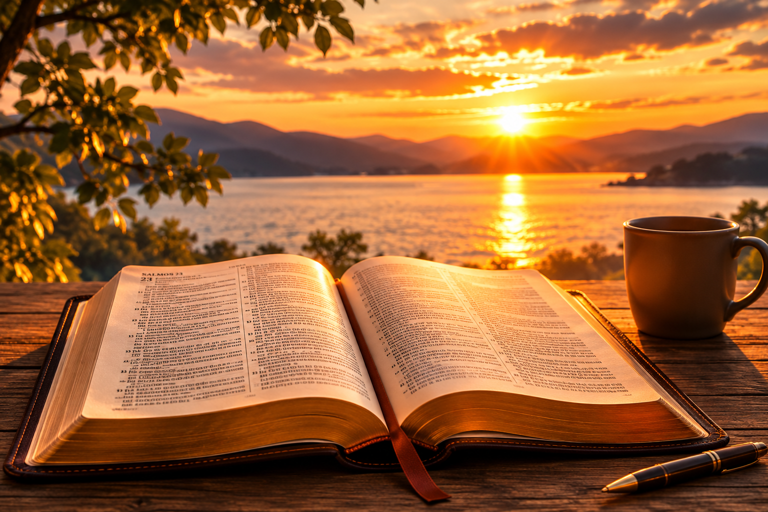 Momento de leitura bíblica ao entardecer, símbolo de paz e renovação